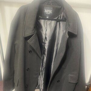 Men's BoohooMAN Peacoat-Style Black Jacket in size 4XL.